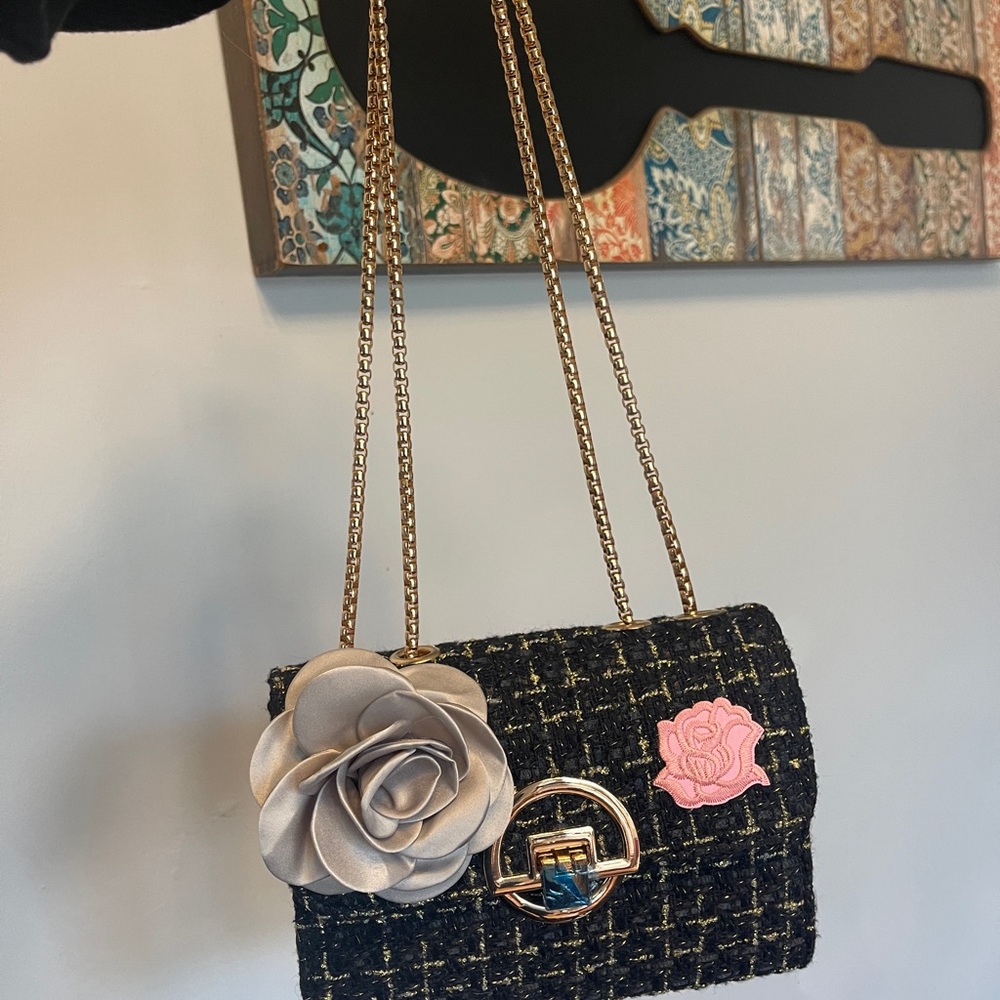 Elegant Black and Gold Tweed Bag with Floral Accents